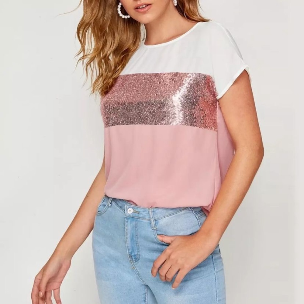 SHEIN Curve Short Sleeve blouse Size 5XL New Sequin Rose